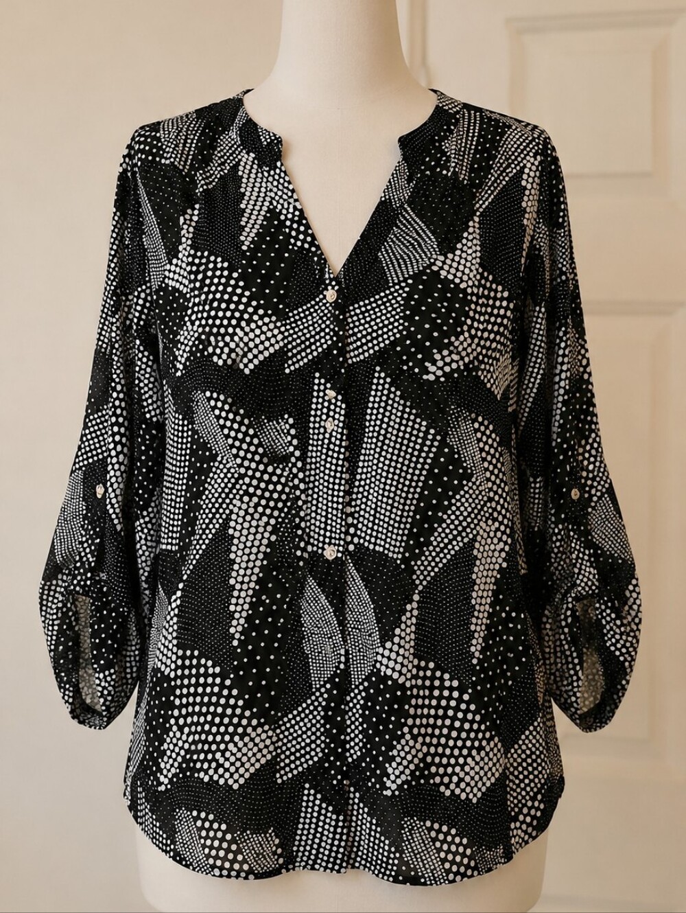 Adrienne Vittadini Macys Black and White Abstract Dot-Print Button Top
